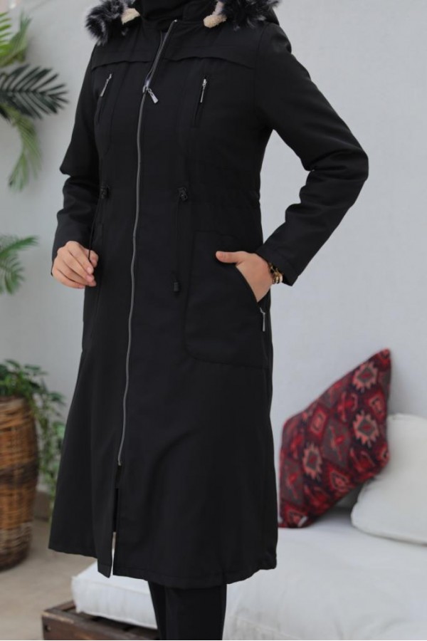 İçi Kürklü Bondit Tesettür Kaban Siyah 1017 İçi Kürklü Bondit Tesettür Kaban Siyah 1017