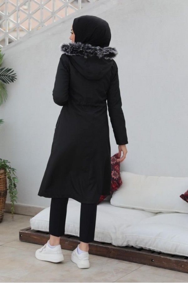 İçi Kürklü Bondit Tesettür Kaban Siyah 1017 İçi Kürklü Bondit Tesettür Kaban Siyah 1017