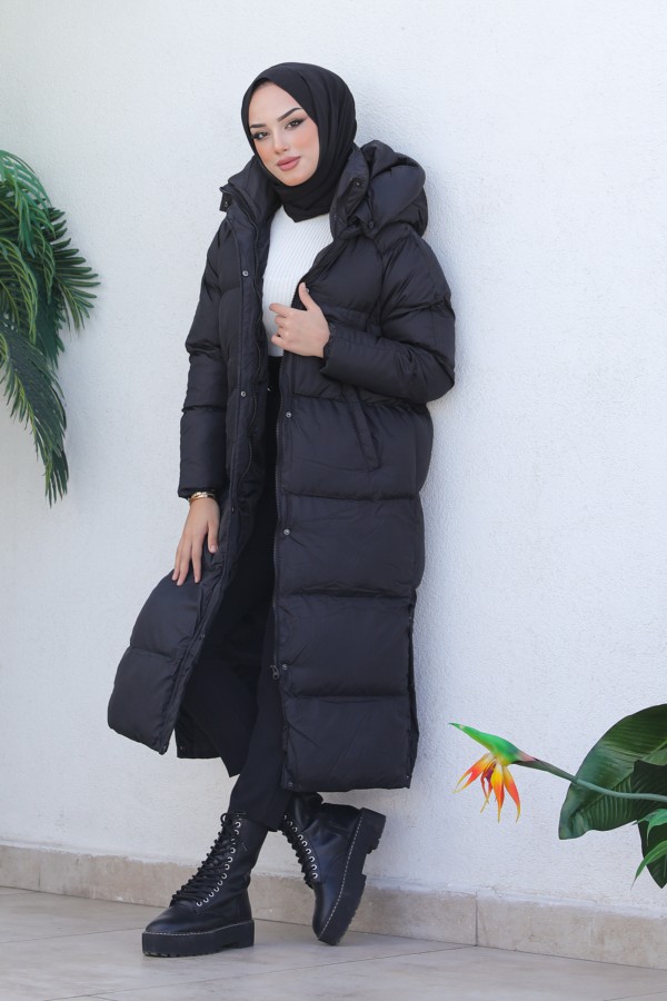  Uzun Dolumlu Şişme Mont Siyah 4444