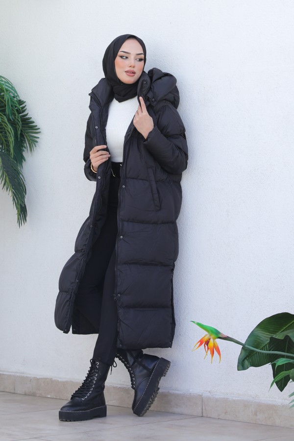  Uzun Dolumlu Şişme Mont Siyah 4444