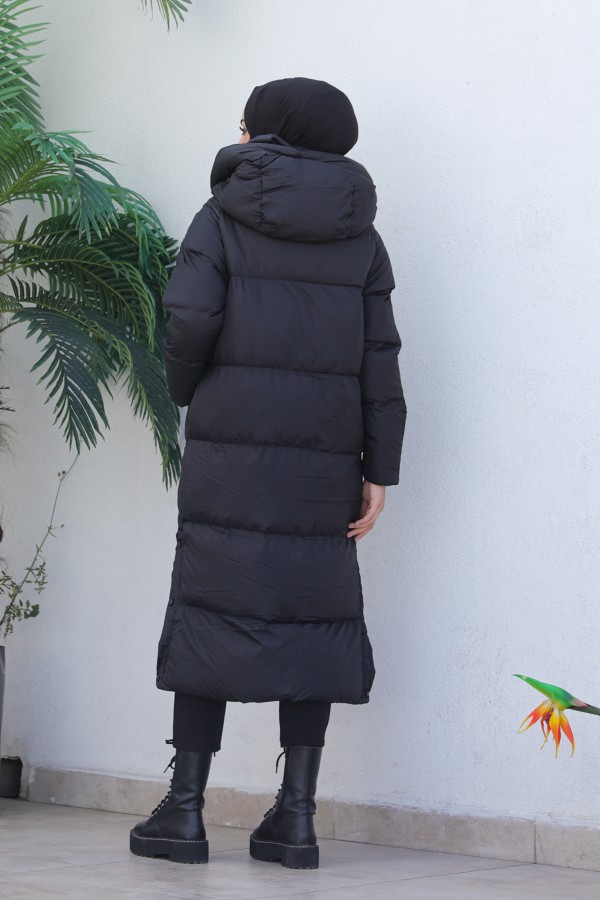  Uzun Dolumlu Şişme Mont Siyah 4444