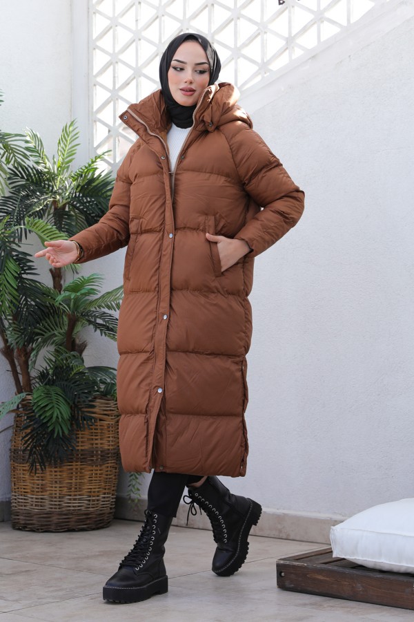  Uzun Dolumlu Şişme Mont Taba 4444