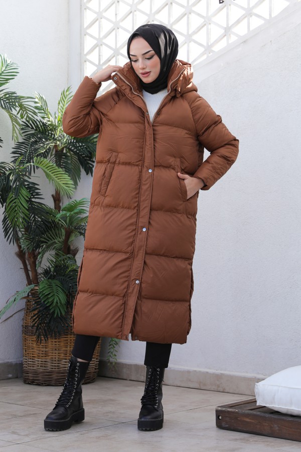  Uzun Dolumlu Şişme Mont Taba 4444