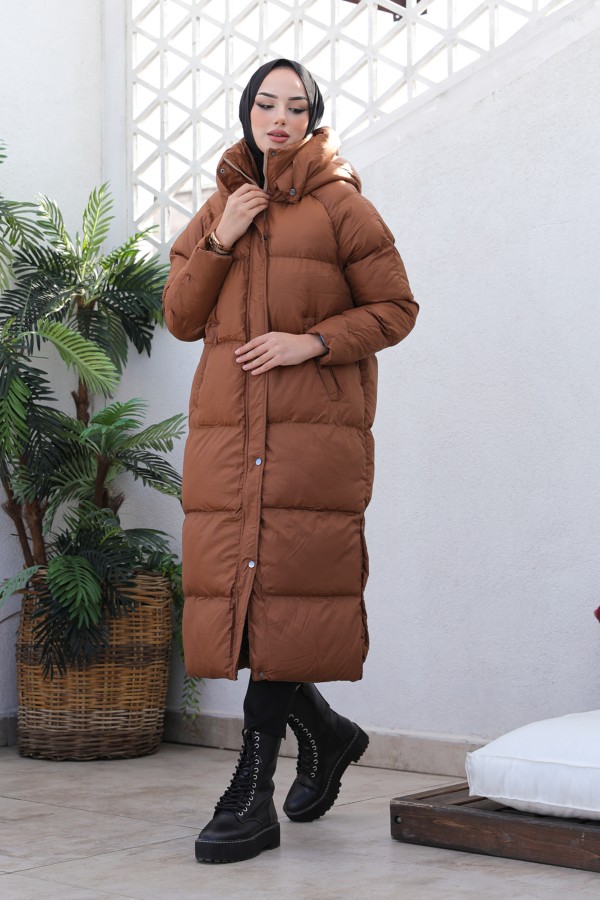  Uzun Dolumlu Şişme Mont Taba 4444