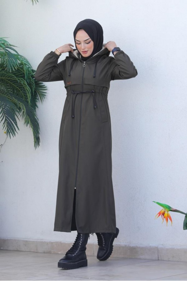 İçi Peluşlu Uzun Bondit Kaban Haki 9508 İçi Peluşlu Uzun Bondit Kaban Haki 9508