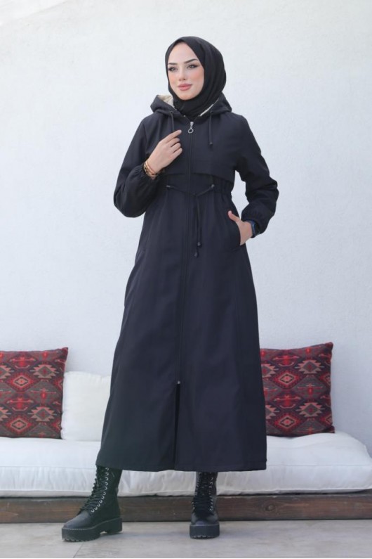 İçi Peluşlu Uzun Bondit Kaban Siyah 9508 İçi Peluşlu Uzun Bondit Kaban Siyah 9508