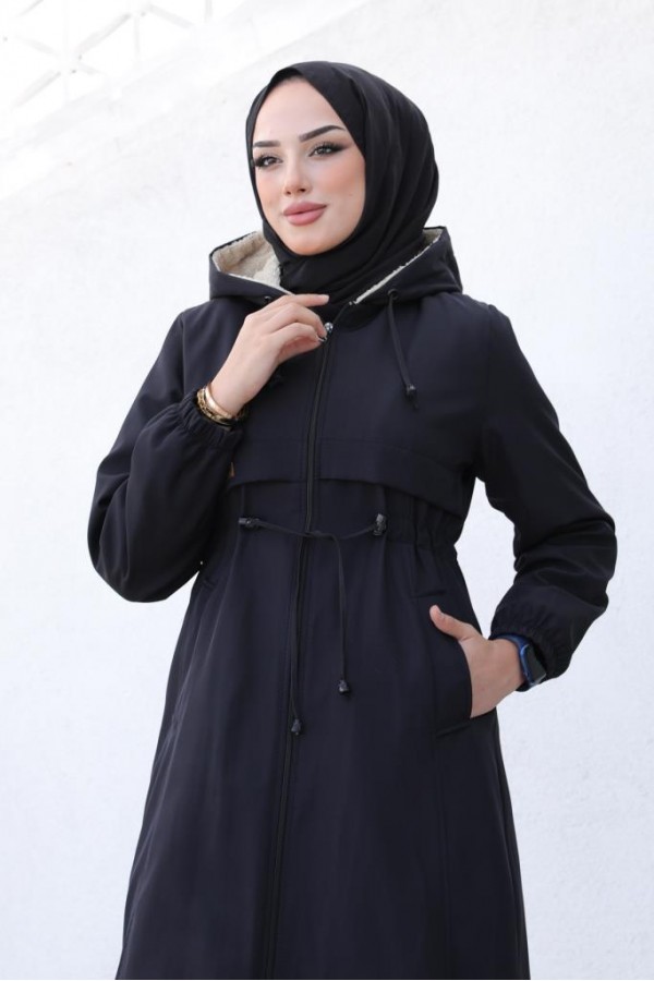 İçi Peluşlu Uzun Bondit Kaban Siyah 9508 İçi Peluşlu Uzun Bondit Kaban Siyah 9508