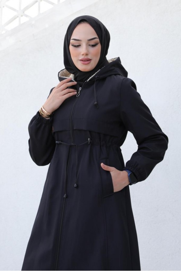 İçi Peluşlu Uzun Bondit Kaban Siyah 9508 İçi Peluşlu Uzun Bondit Kaban Siyah 9508