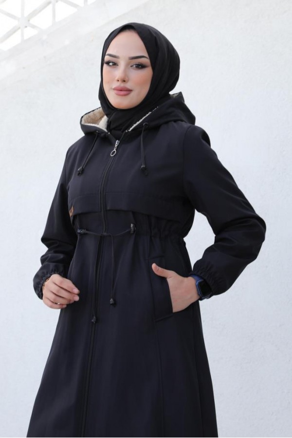 İçi Peluşlu Uzun Bondit Kaban Siyah 9508 İçi Peluşlu Uzun Bondit Kaban Siyah 9508