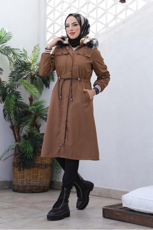 Kolları Lastikli İçi Peluşlu Bondit Kaban Sütlü Kahve 4604 Kolları Lastikli İçi Peluşlu Bondit Kaban Sütlü Kahve 4604