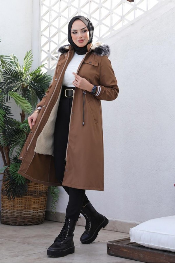 Kolları Lastikli İçi Peluşlu Bondit Kaban Sütlü Kahve 4604 Kolları Lastikli İçi Peluşlu Bondit Kaban Sütlü Kahve 4604