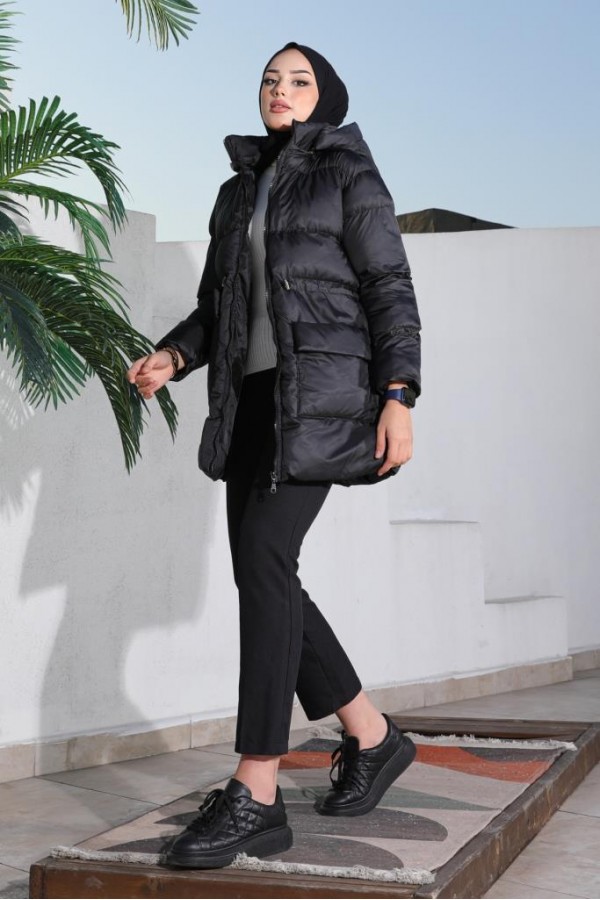  Bel Büzgülü Şişme Mont Siyah 1349