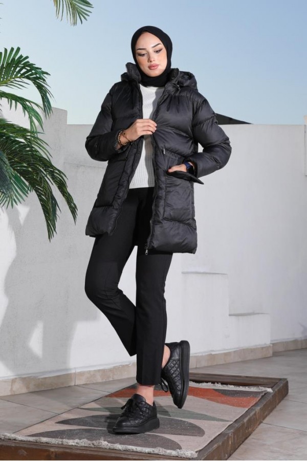  Bel Büzgülü Şişme Mont Siyah 1349