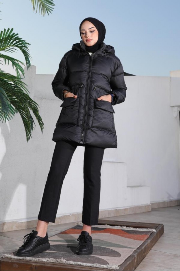  Bel Büzgülü Şişme Mont Siyah 1349