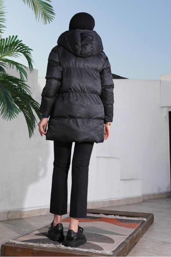  Bel Büzgülü Şişme Mont Siyah 1349