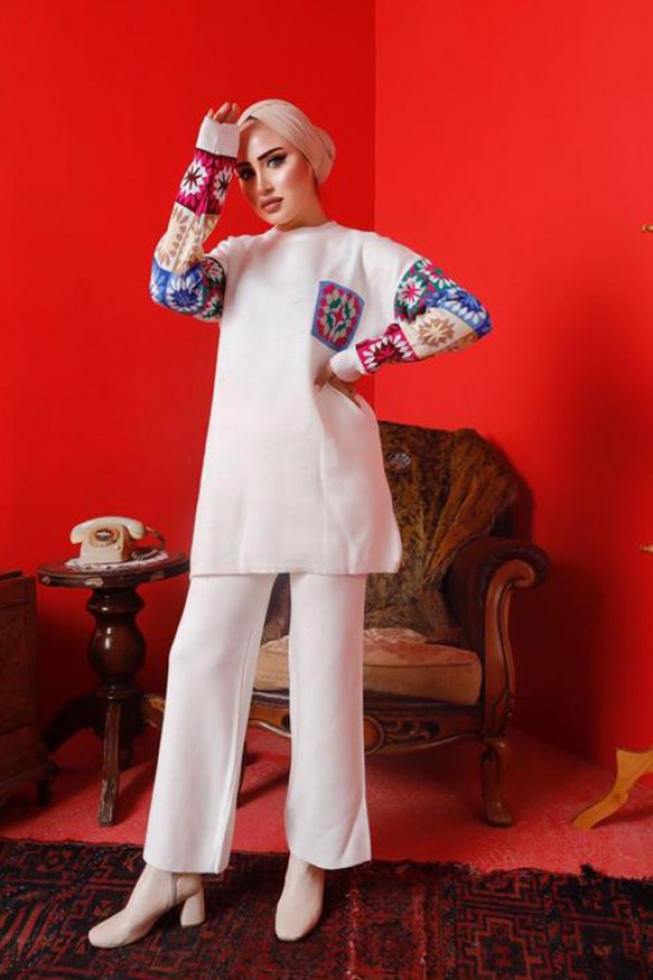  Kolları Desenli Triko Takım Ekru 2992