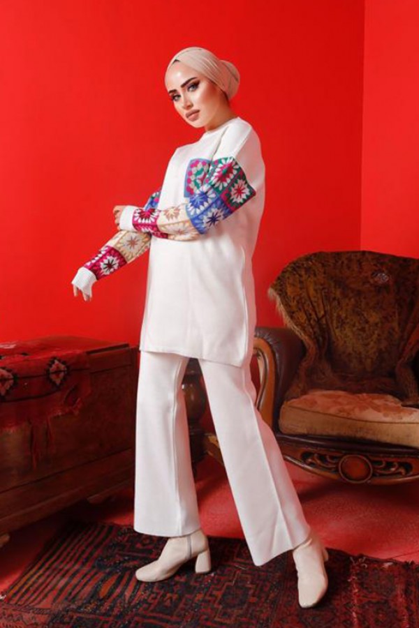  Kolları Desenli Triko Takım Ekru 2992