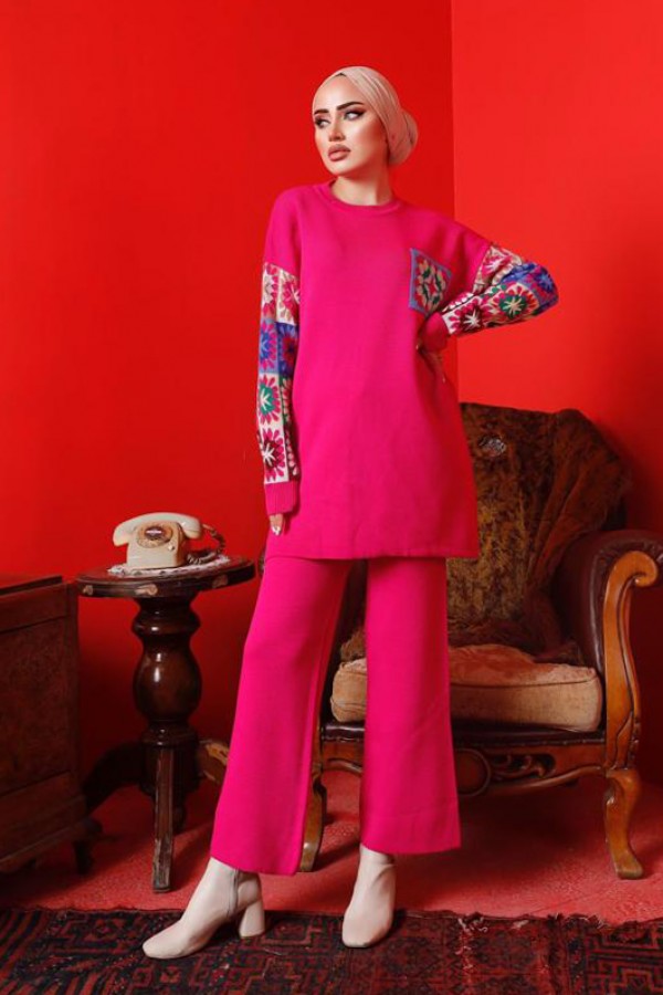  Kolları Desenli Triko Takım Fuşya 2992