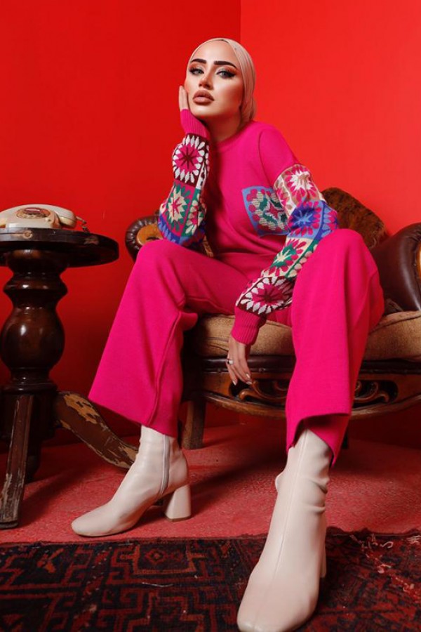  Kolları Desenli Triko Takım Fuşya 2992