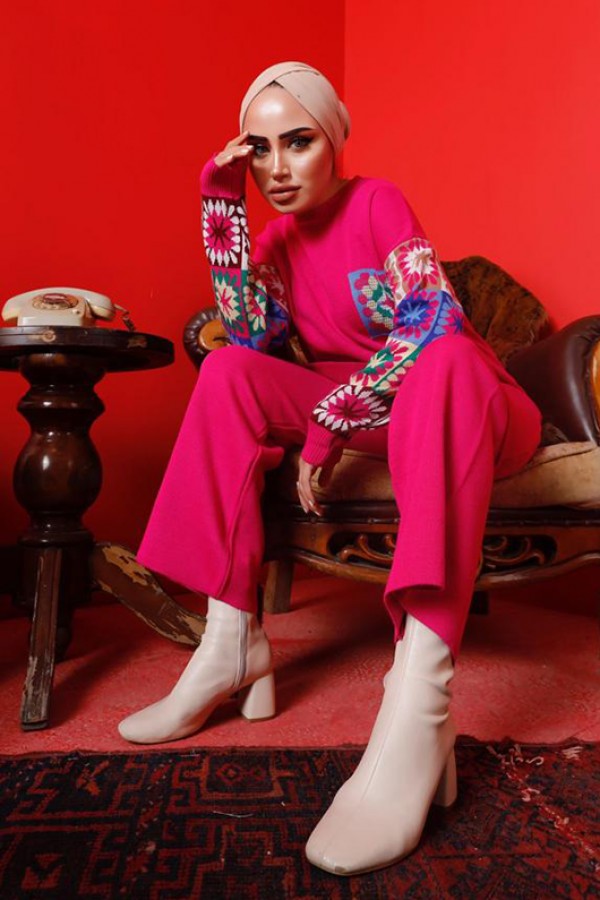  Kolları Desenli Triko Takım Fuşya 2992