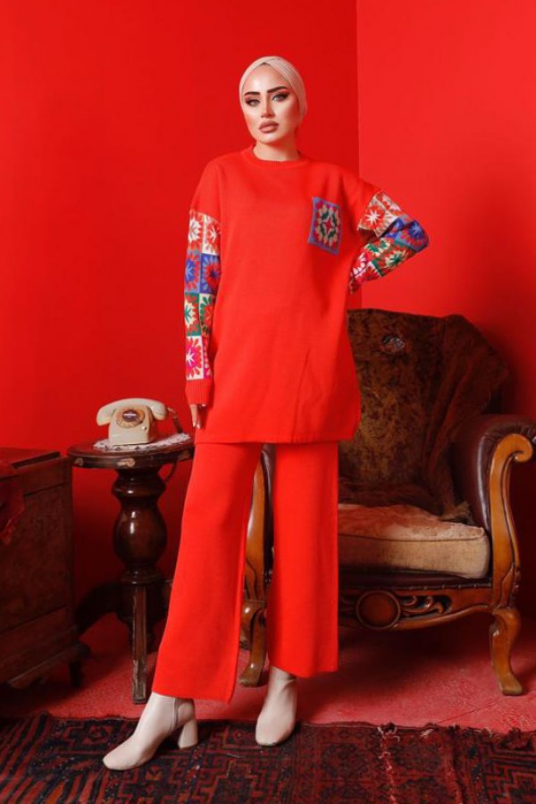  Kolları Desenli Triko Takım Nar Çiçeği 2992