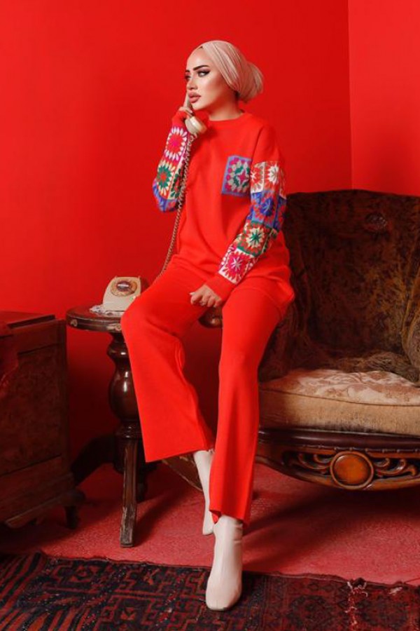  Kolları Desenli Triko Takım Nar Çiçeği 2992