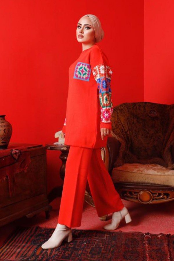  Kolları Desenli Triko Takım Nar Çiçeği 2992