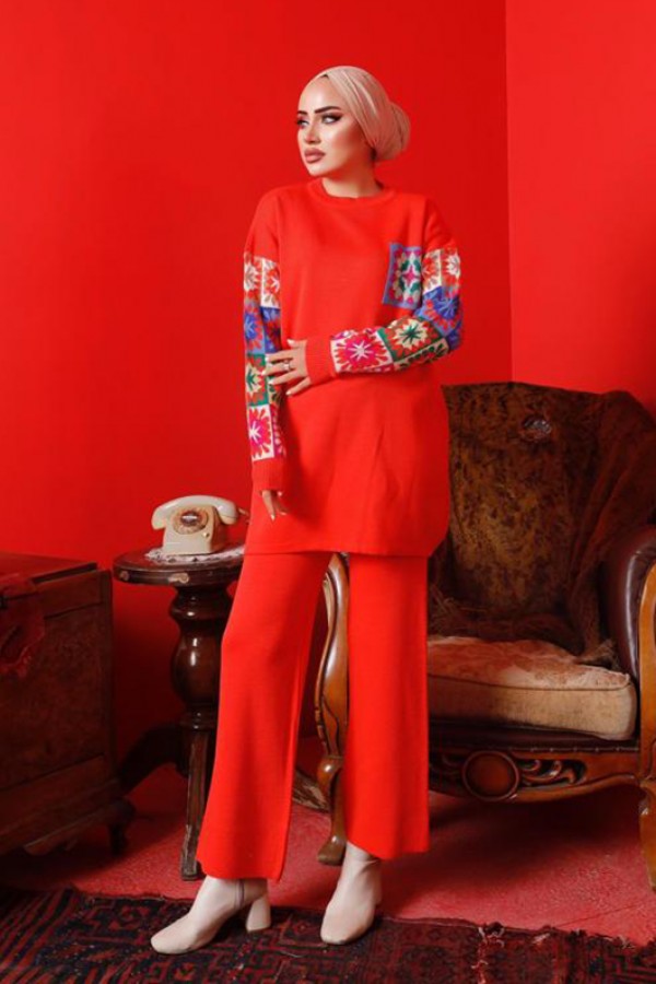  Kolları Desenli Triko Takım Nar Çiçeği 2992