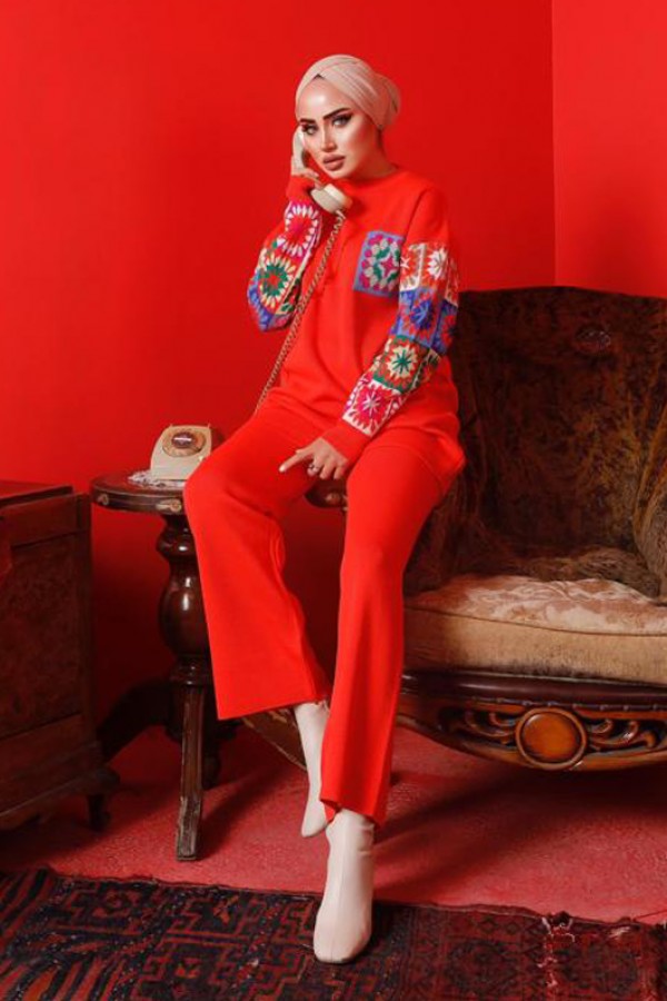  Kolları Desenli Triko Takım Nar Çiçeği 2992