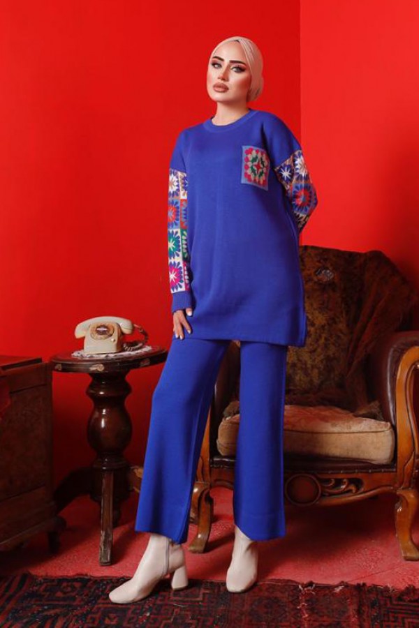  Kolları Desenli Triko Takım Saks 2992