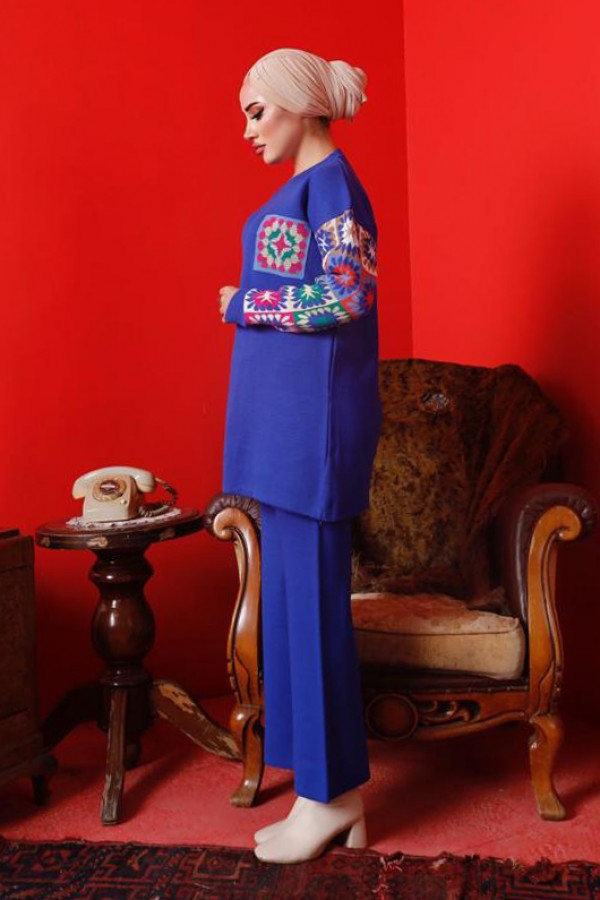  Kolları Desenli Triko Takım Saks 2992