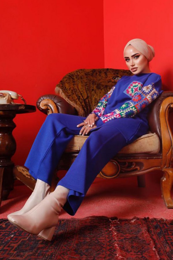  Kolları Desenli Triko Takım Saks 2992