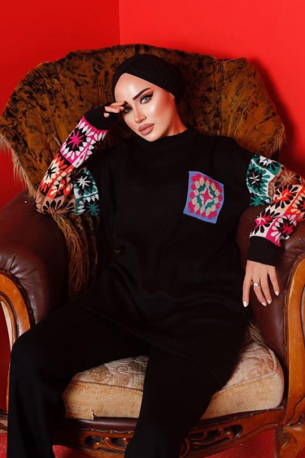  Kolları Desenli Triko Takım Siyah 2992