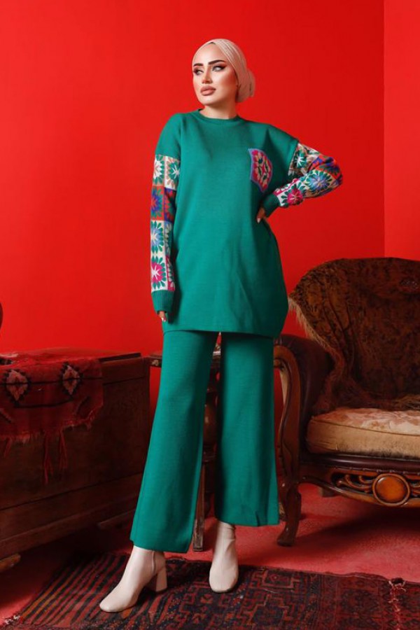  Kolları Desenli Triko Takım Yeşil 2992