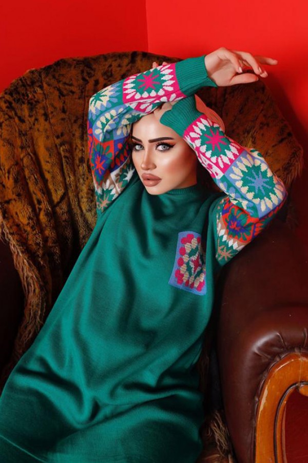  Kolları Desenli Triko Takım Yeşil 2992