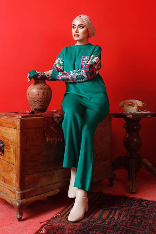  Kolları Desenli Triko Takım Yeşil 2992