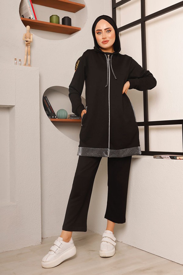  Sim Şerit Detaylı İkili Takım Siyah 2722