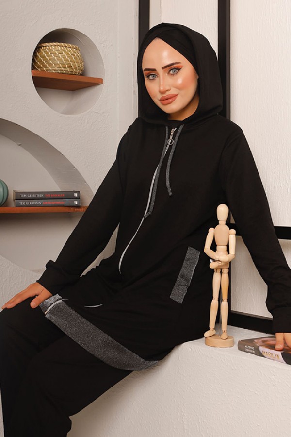  Sim Şerit Detaylı İkili Takım Siyah 2722