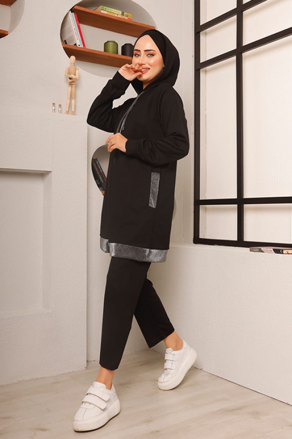  Sim Şerit Detaylı İkili Takım Siyah 2722