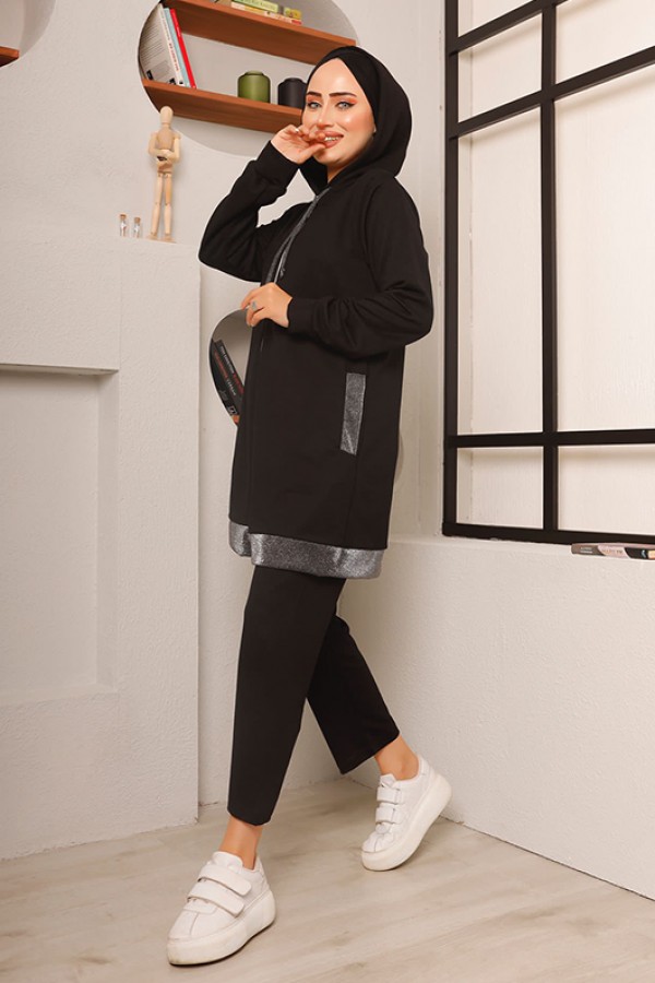  Sim Şerit Detaylı İkili Takım Siyah 2722
