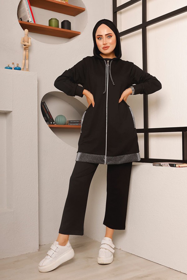  Sim Şerit Detaylı İkili Takım Siyah 2722