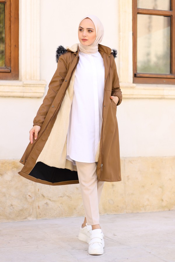 Kapi̇şonlu İçi̇ Kürklü Bondi̇t Kaban Açık Taba 4039 Kapi̇şonlu İçi̇ Kürklü Bondi̇t Kaban Açık Taba 4039