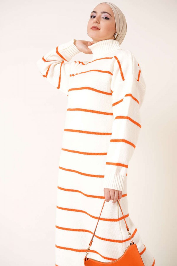  Boğazlı Triko Elbise Ekru 2444