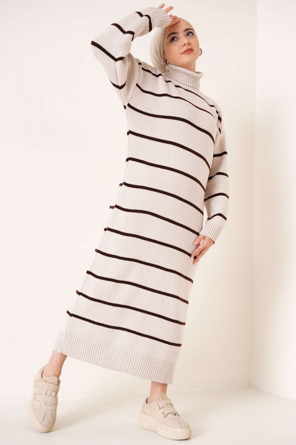  Boğazlı Triko Elbise Taş 2444