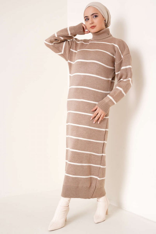  Boğazlı Triko Elbise Vizon 2444