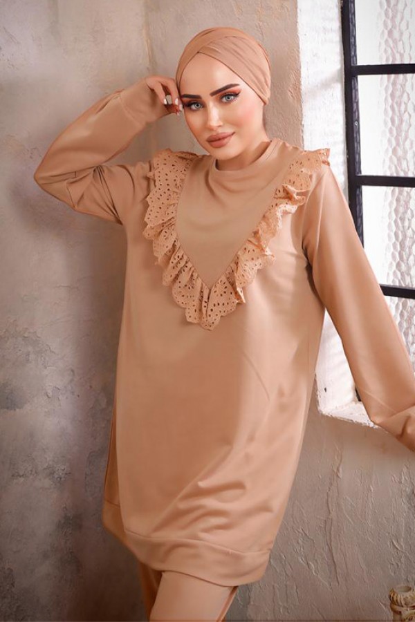  Dantel Detaylı İkili Takım Bej 2903