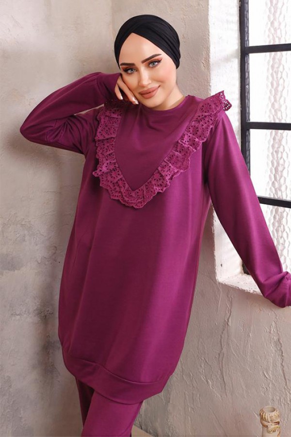  Dantel Detaylı İkili Takım Mor 2903