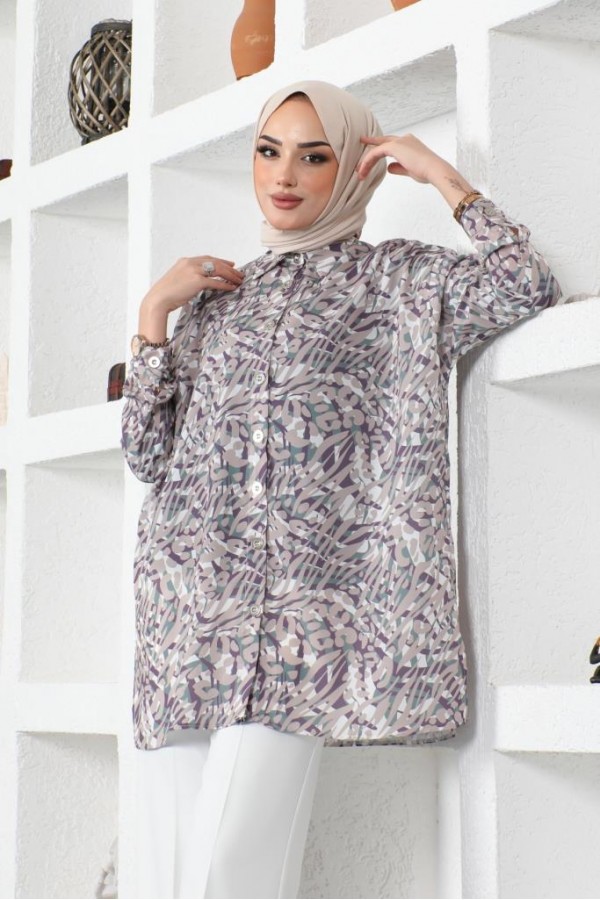  Desenli Tesettür Gömlek Bej 8882