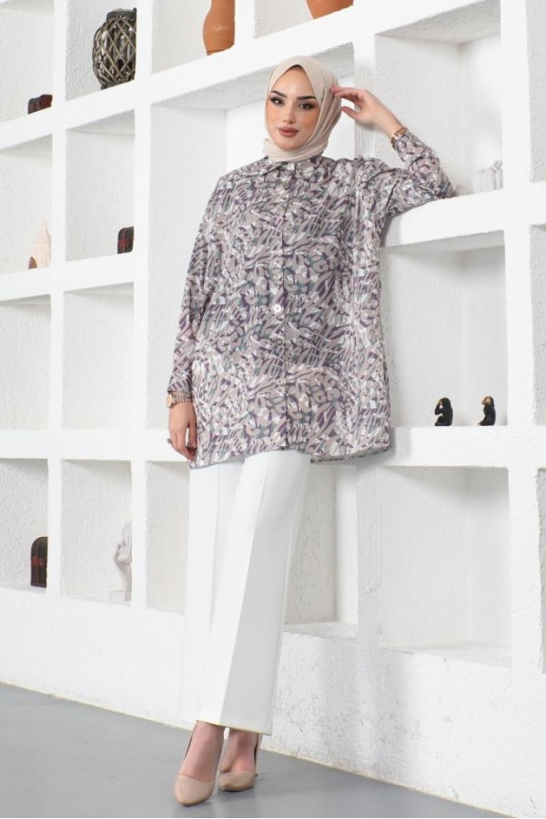  Desenli Tesettür Gömlek Bej 8882