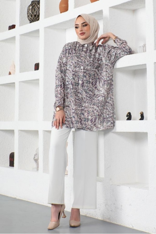  Desenli Tesettür Gömlek Bej 8882